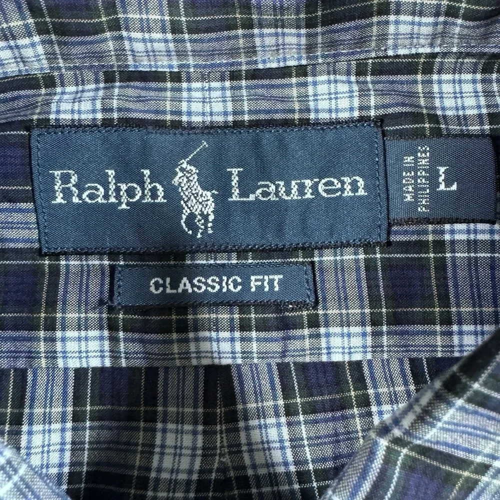 Polo Ralph Lauren Button Down Shirt Mens L Blue Green Plaid‎ Classic Fit